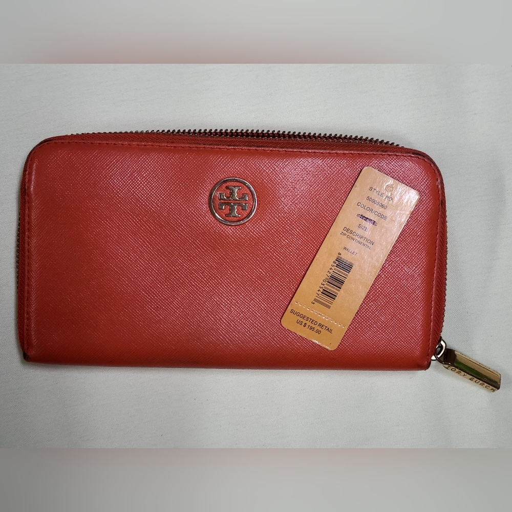 Tory Burch Coral Zip-Around Leather Wallet with Gold Logo